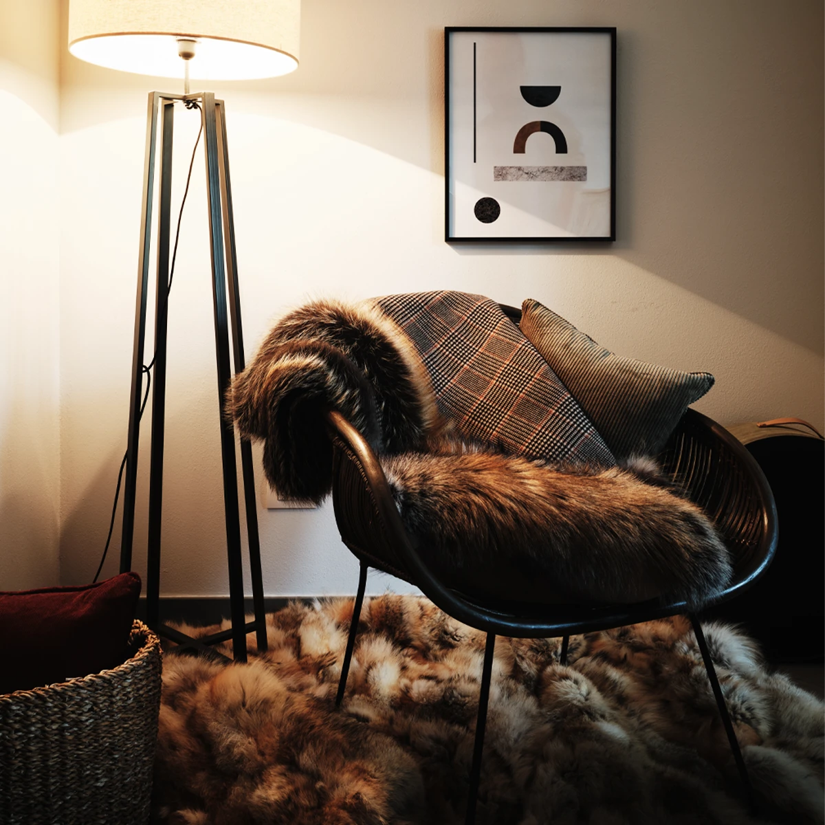 COUNTRYMAN - WOOL AND CASHMERE THROW BLANKET WITH GOLD CROSS FOX FUR HEM